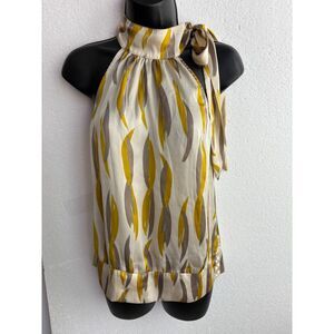 Twenty One Satin Silky Blouse Tie Neck Size S Grey Yellow Professional Classy